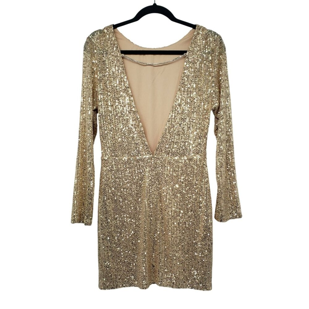 NWT WAYF Gold Sequin Open Back Long Sleeve Mini Dress Rhinestone Strap S - Picture 2 of 15